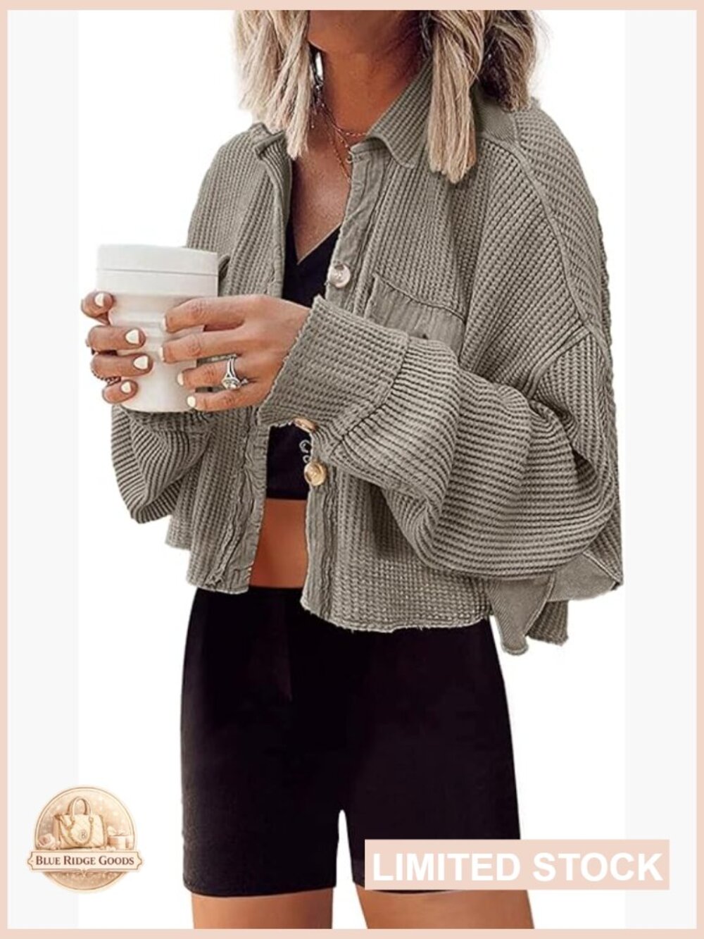 Cropped Waffle Knit Shacket Short Button Down Jacket Batwing Sleeve Pocket - Picture 1 of 6